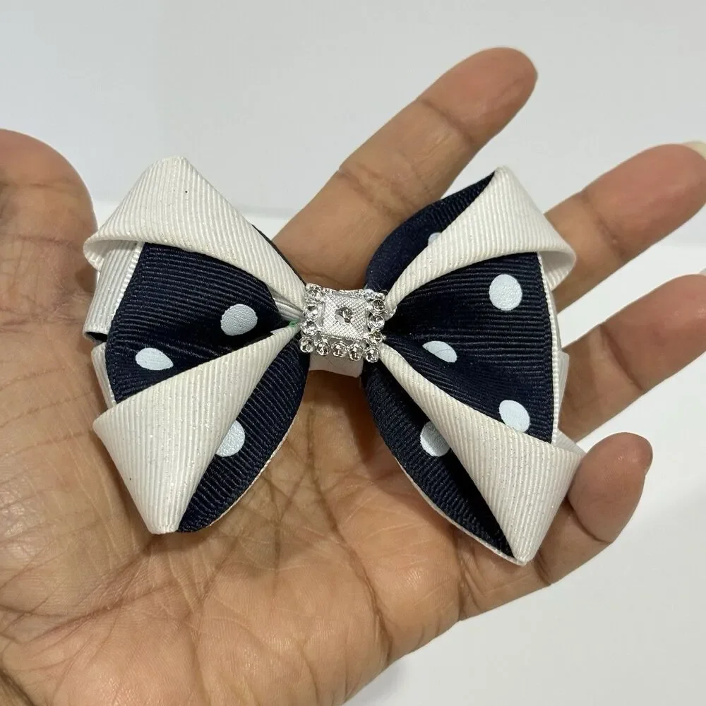 Hair Bow Clip Hairpin For Girls White And Blue Polka Dot New